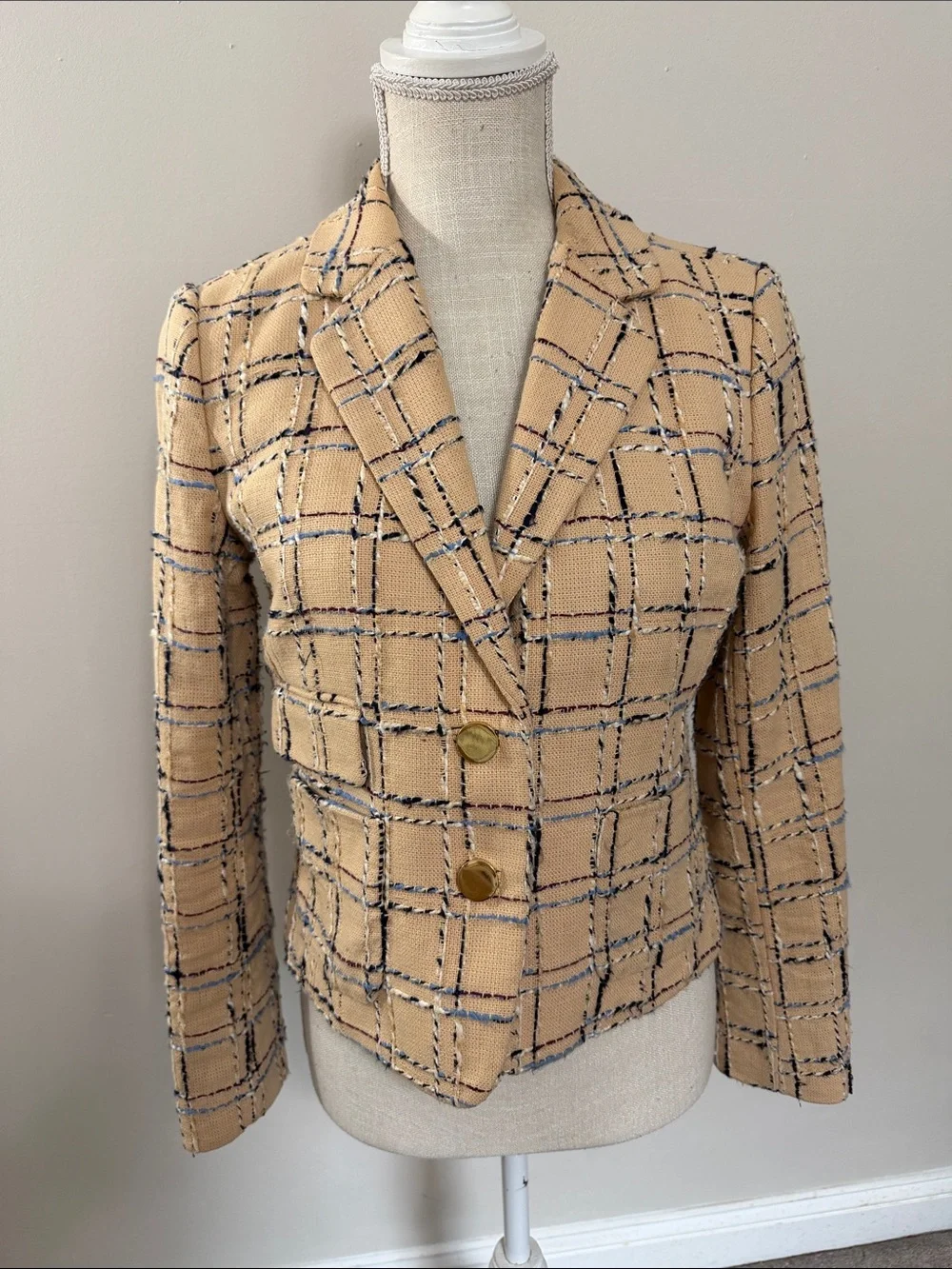 Tory Burch Beige Plaid Tweed Blazer with Navy Accents